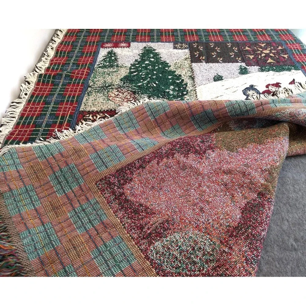 Goodwin Weavers Tapestry Throw Blanket Christmas 100% Cotton Plaid Green Red USA
